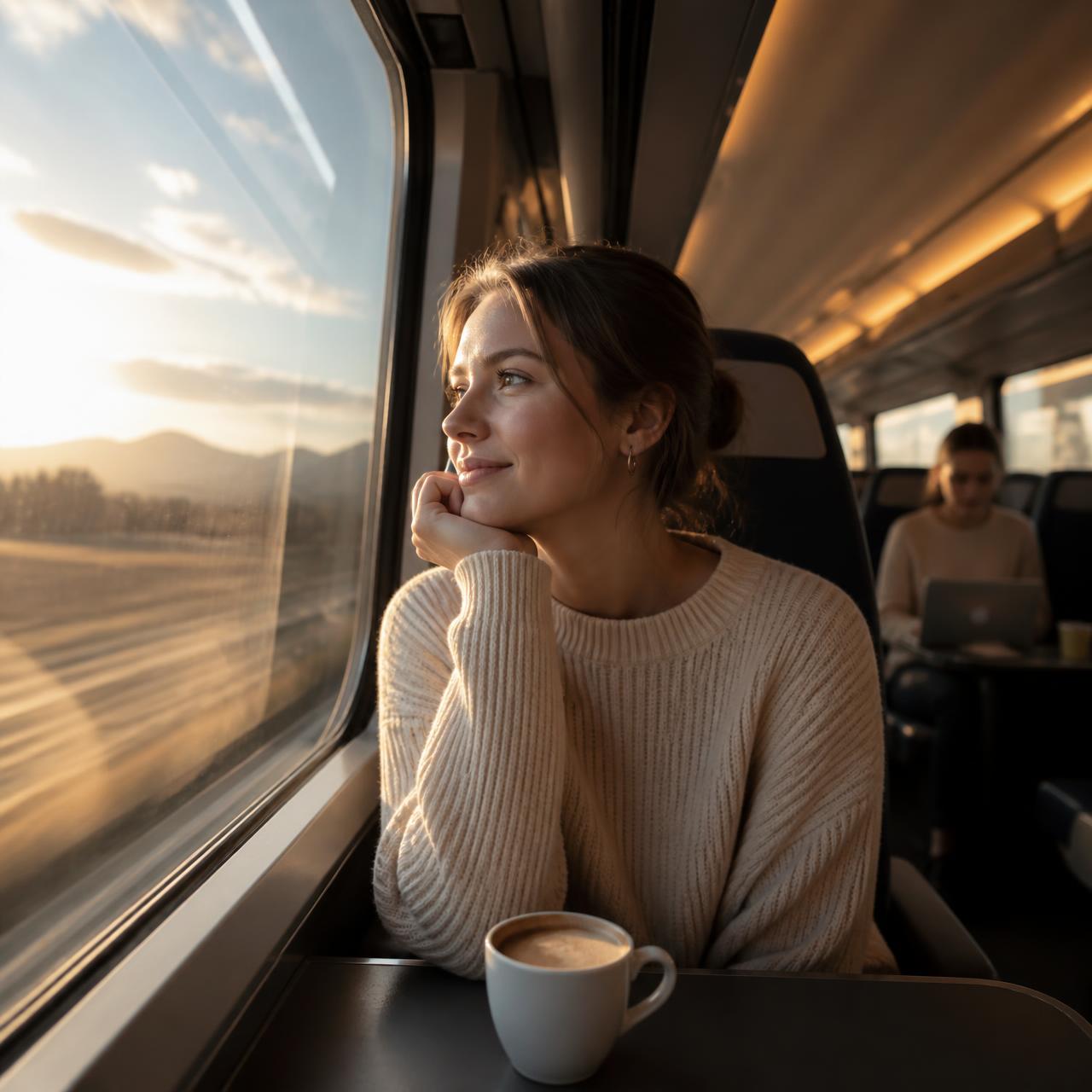 Eine Reisende blickt bei Sonnenaufgang aus dem Fenster eines modernen Hochgeschwindigkeitszuges
